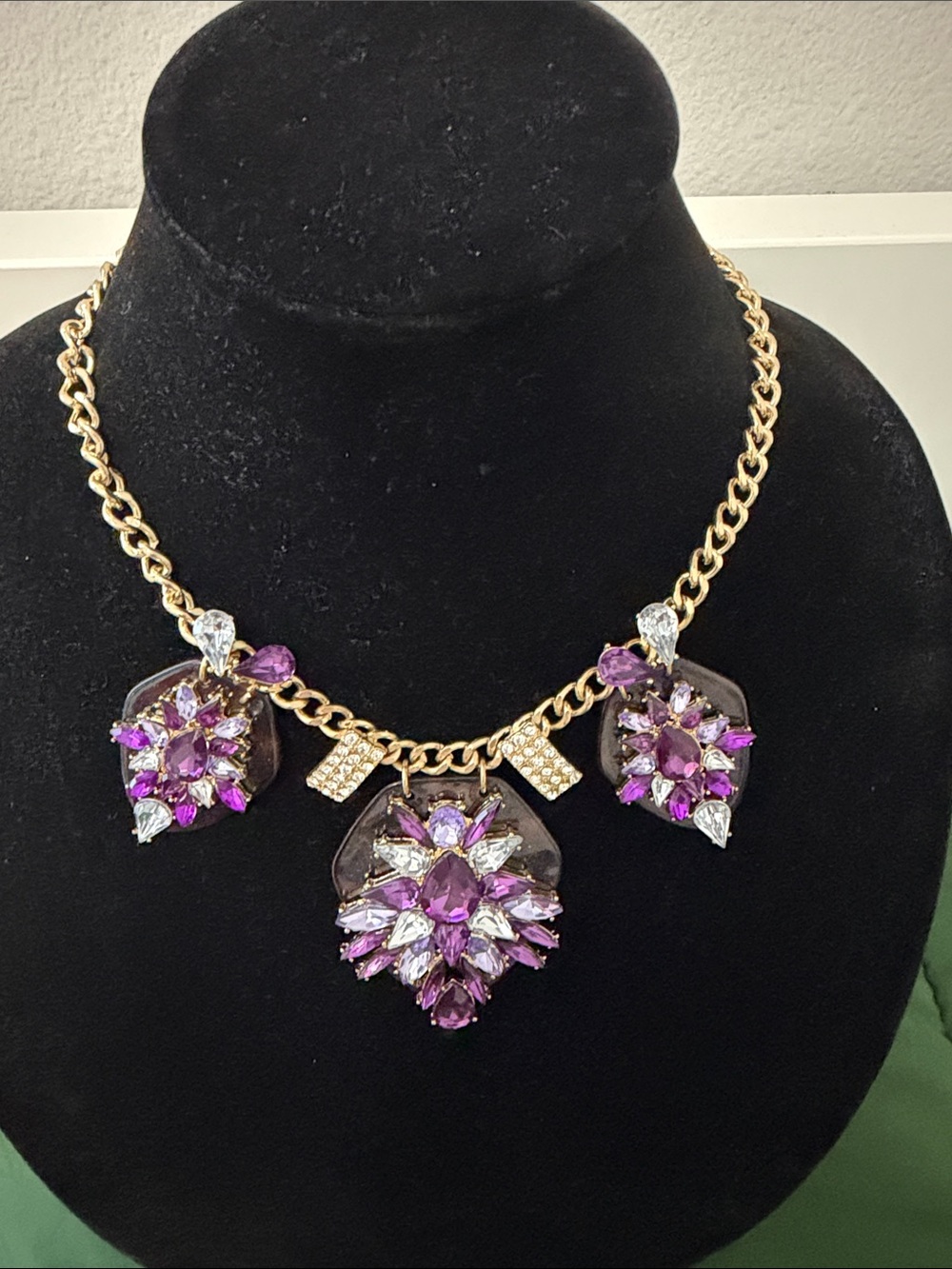 Gold Chain Necklace with Amethyst and Crystal Floral Pendants